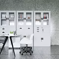 Modern Office Workspace With Desk White Storage Cabinets Chairs And Potted Plant