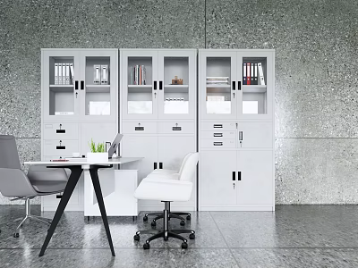 Modern Office Workspace With Desk White Storage Cabinets Chairs And Potted Plant 3d model