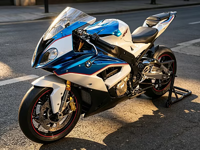 BMW High Performance Sport Motorcycle With Blue White Red Accents On Sunlit Urban Street 3d model