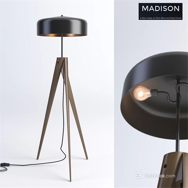 Modern Floor Lamp with Wooden Tripod Base and Black Lampshade Illuminated Bulb 3d model 