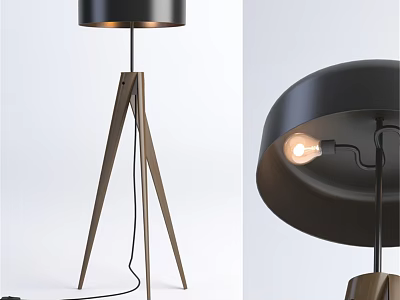 Modern Floor Lamp with Wooden Tripod Base and Black Lampshade Illuminated Bulb 3d model
