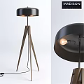 Modern Floor Lamp with Wooden Tripod Base and Black Lampshade Illuminated Bulb