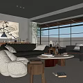 Modern Living Room Interior Design Featuring Leather Sofa Round Coffee Table Armchair And Wall Art