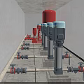 Industrial Fire Fighting Equipment with Red Pumps Pipes and Valves in Facility Room