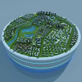 Aerial View Planning of Circular Urban Design with Green Spaces Lake and Roads
