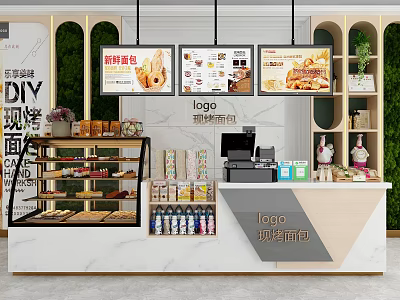 Modern Reception Counter Interior with Milk Tea Bread Shelves Drinks Cash Register and Green Plants 3d model