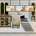 Modern Reception Counter Interior with Milk Tea Bread Shelves Drinks Cash Register and Green Plants
