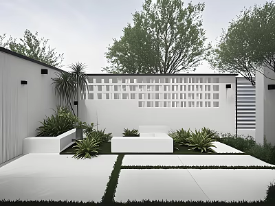 Modern White Feature Wall In Courtyard With Perforated Design Green Plants And Low Benches 3d model