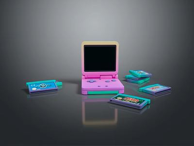 Pink And Teal Foldable Handheld Computer With Black Screen And Colorful Cartridges 3d model