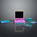 Pink And Teal Foldable Handheld Computer With Black Screen And Colorful Cartridges