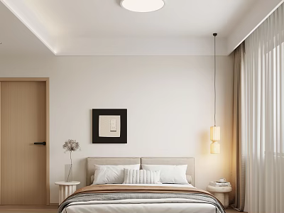 Modern Bedroom Interior Design With Comfortable Bed Wooden Nightstand And Framed Wall Art 3d model