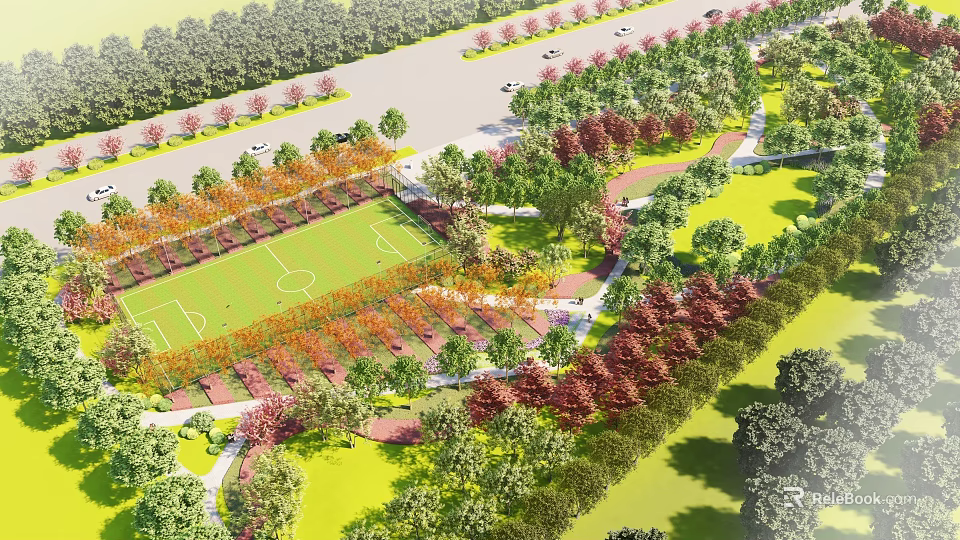 Scenic Park Landscape Design With Lush Green Lawn Colorful Trees Soccer Field And Walking Paths 3d model 