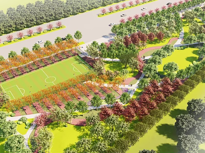 Scenic Park Landscape Design With Lush Green Lawn Colorful Trees Soccer Field And Walking Paths 3d model