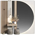 Modern Sofa Backdrop Wall With Wooden Panels Round Mirror And Dried Plants