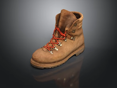 Realistic Style Brown Mountaineering Boots Leather Boots Mountaineering Shoes Red Shoelace Wooden Sole Rubber Sole Outdoor Equipment Brown Leather Boots Casual Shoes 3d model