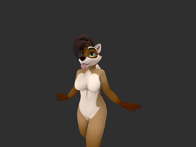 3D Anthropomorphic Animal Character White Bodysuit Brown White Fur Green Eyes Tongue Out 3d model