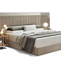 Modern Double Bed with Striped Headboard Nightstands Table Lamps Pillows and Throw Blanket