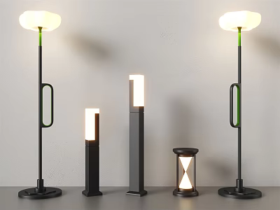 Modern Outdoor Floor And Column Lights With Black Green White Design And Glass Shade 3d model