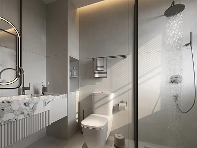 Modern Bathroom Interior With Gray Walls Marble Countertop Glass Shower Enclosure Round Mirror 3d model