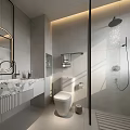 Modern Bathroom Interior With Gray Walls Marble Countertop Glass Shower Enclosure Round Mirror