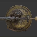 Vintage Weapon Metal Blowtorch Featuring Rustic Yellow Red Handle And Antique Nozzle Design