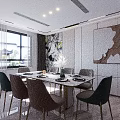 Modern Living Dining Room With Dining Table Colorful Chairs Artwork And Patterned Wall