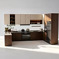 Modern Kitchen Layout With White And Wooden Cabinets And Island Counter