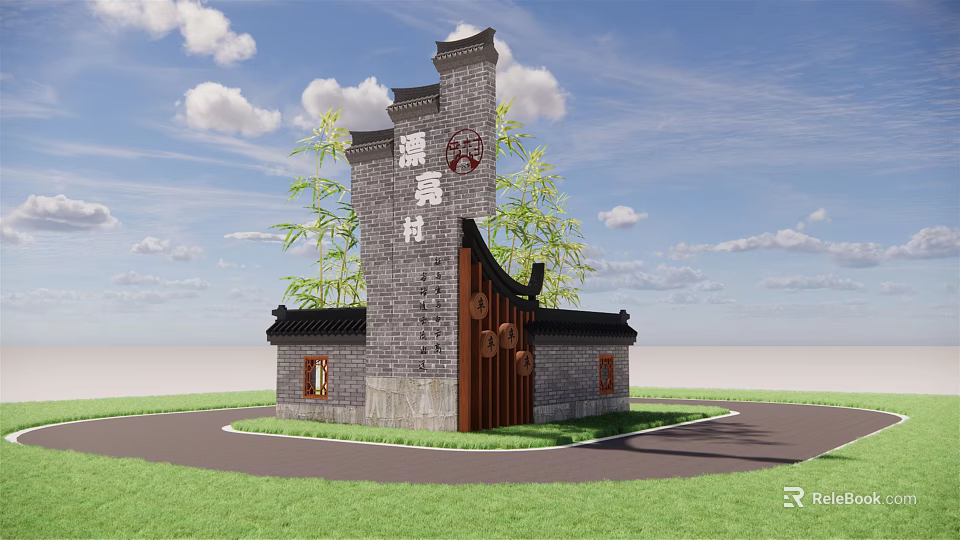 Chinese Style Scenic Wall Featuring Gray Bricks Traditional Roof And Bamboo Plants 3d model 