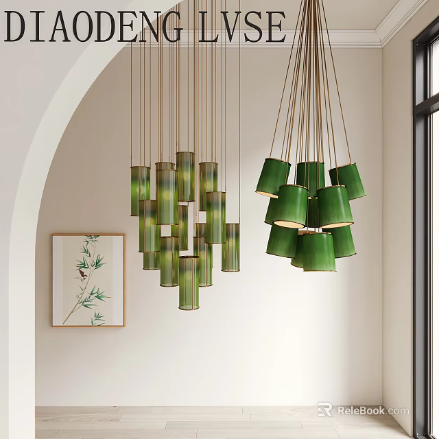 Green Hanging Cylindrical Decorative Lights Cluster For Modern Interior Design 3d model 