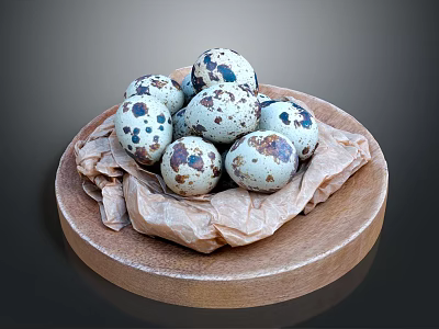 Fresh Small Quail Eggs Neatly Arranged on Wooden Plate with Parchment Paper 3d model