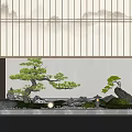 Indoor Zen Landscape With Bonsai Pine Tree Stones Small Lamp and Wooden Lattice