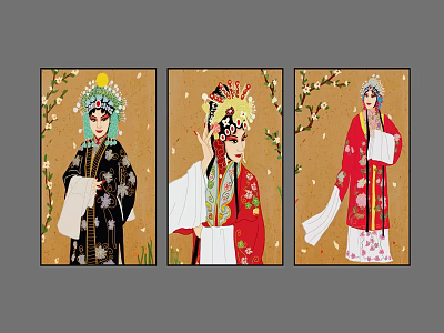 Traditional Chinese Figure Paintings Featuring Peking Opera Characters in Colorful Costumes with Plum Blossoms 3d model