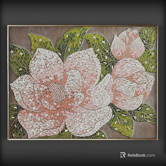 Pink White Flower Mosaic Decorative Painting with Green Leaves and Framed Design 3d model 
