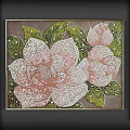 Pink White Flower Mosaic Decorative Painting with Green Leaves and Framed Design