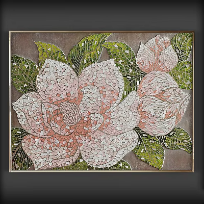 Pink White Flower Mosaic Decorative Painting with Green Leaves and Framed Design 3d model