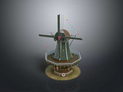 Green Windmill With Tall Blades Colorful Streamers Decorative Platform And Base 3d model