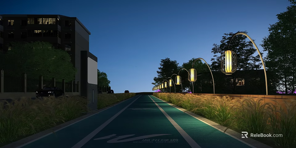 Illuminated Urban Bike Lane With Curved Street Lights And Greenery Landscaping At Night 3d model 