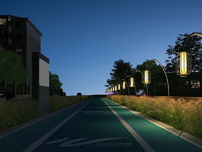 Illuminated Urban Bike Lane With Curved Street Lights And Greenery Landscaping At Night 3d model