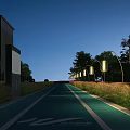 Illuminated Urban Bike Lane With Curved Street Lights And Greenery Landscaping At Night