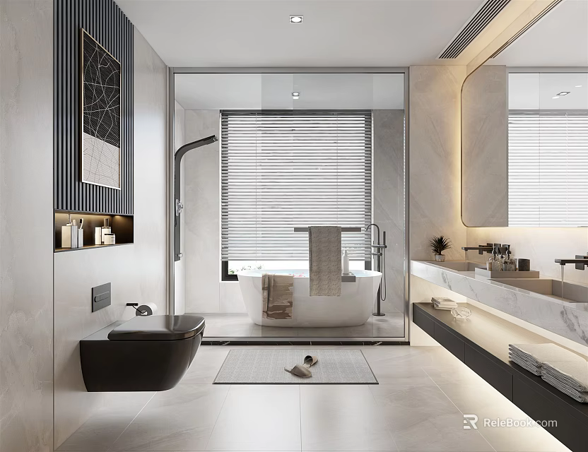 Modern Bathroom Interior Design With Bathtub Shower Marble Vanity Mirror And Blinds 3d model 