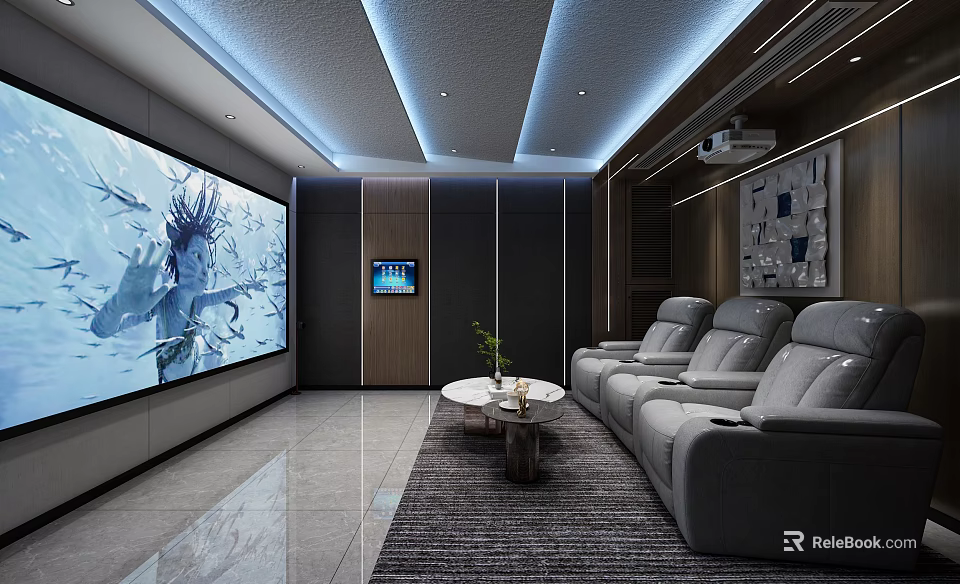 Modern Home Theater Room With Large Screen Comfortable Gray Seats And Ceiling Lighting 3d model 
