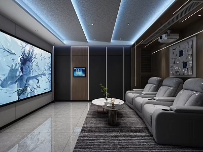 Modern Home Theater Room With Large Screen Comfortable Gray Seats And Ceiling Lighting 3d model
