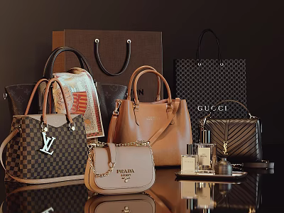 Luxury Designer Handbags Including LV Gucci Dolce Gabbana Tote Bags And Perfume Accessories 3d model