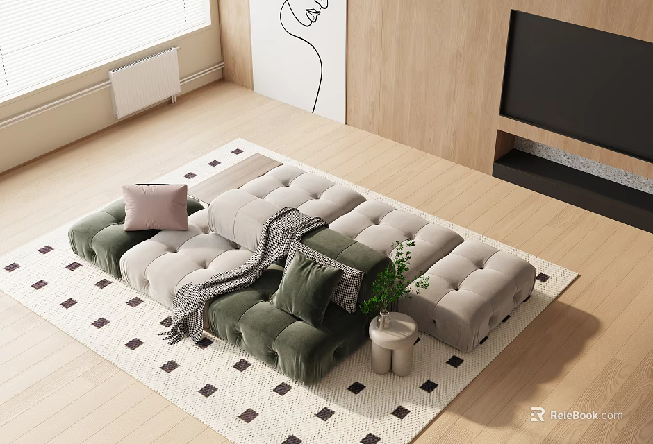 Green And Beige Sectional Sofa With Pillows Throw Blanket And Potted Plant On Geometric Rug 3d model 