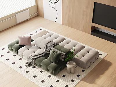 Green And Beige Sectional Sofa With Pillows Throw Blanket And Potted Plant On Geometric Rug 3d model