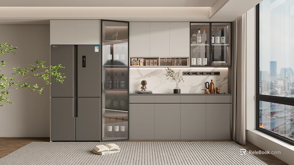 Modern Wine Cabinet With Glass Display Doors And Marble Countertop In Kitchen Interior 3d model 