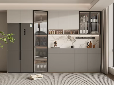 Modern Wine Cabinet With Glass Display Doors And Marble Countertop In Kitchen Interior 3d model