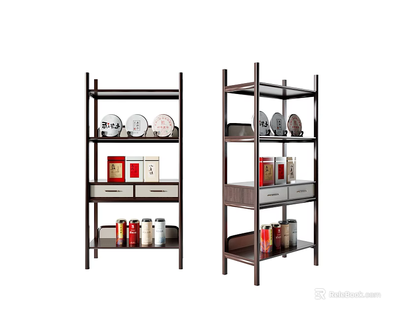 Modern Multi Tiered Bogu Shelf With Decorative Plates Boxes And Storage Jars 3d model 