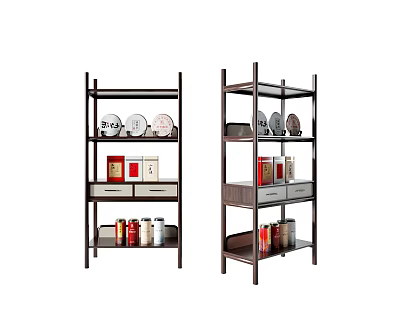 Modern Multi Tiered Bogu Shelf With Decorative Plates Boxes And Storage Jars 3d model