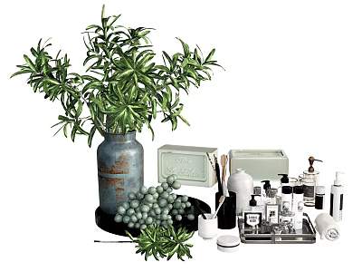Stylish Bathroom Accessories With Green Plant Vase Soap Dish Hand Soap Bottles And Rolled Towel 3d model